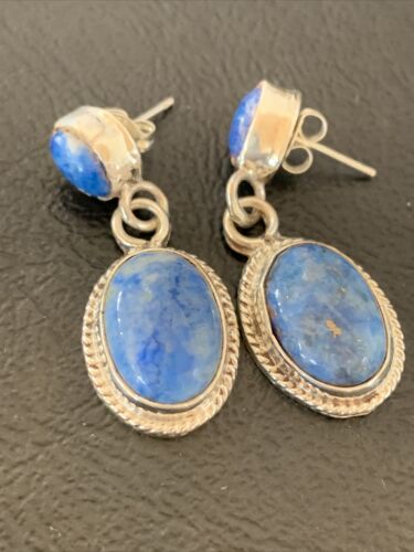 Navajo Denim Lapis Dangle Earrings | Sterling Silver | 1.1" | Authentic Native American Handmade | 1705