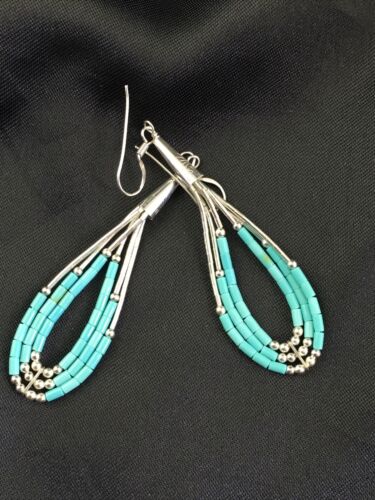 Native American Liquid Silver Heishi Dangle Earrings | Blue Turquoise | Sterling Silver | 2" | 1969