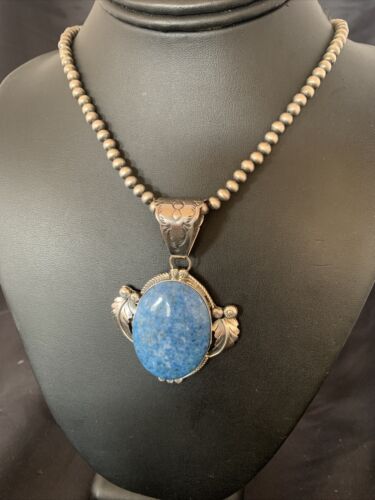 Navajo Denim Lapis Necklace with Pendant | Sterling Silver | Authentic Native American Handmade | 12442