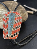 Ultra Rare Native American Men's Bolo Tie | Blue Kingman Turquoise & Coral | Sterling Silver | 14225