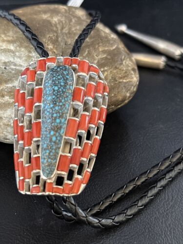 Ultra Rare Native American Men's Bolo Tie | Blue Kingman Turquoise & Coral | Sterling Silver | 14225