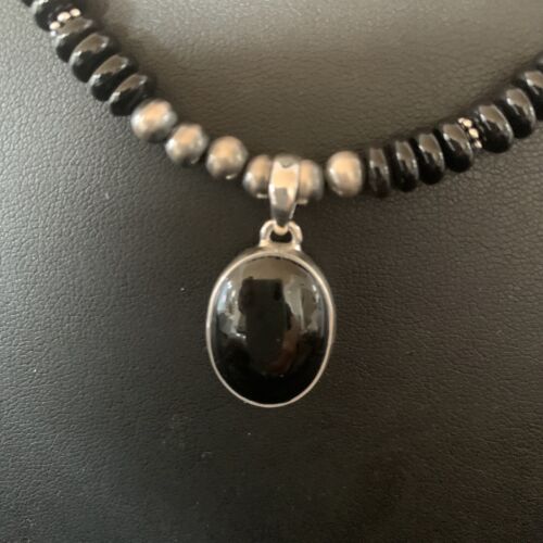 Native American Men's Navajo Pearl Necklace Pendant | Sterling Silver Black Onyx | 11905