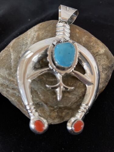 Navajo Sterling Silver Naja Pendant | Turquoise & Spiny Oyster | Authentic Native American Handmade | 1060