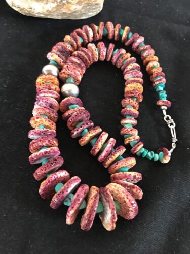 Authentic Native American Navajo Necklace | Purple Spiny Oyster & Turquoise | Sterling Silver | 24" Graduated