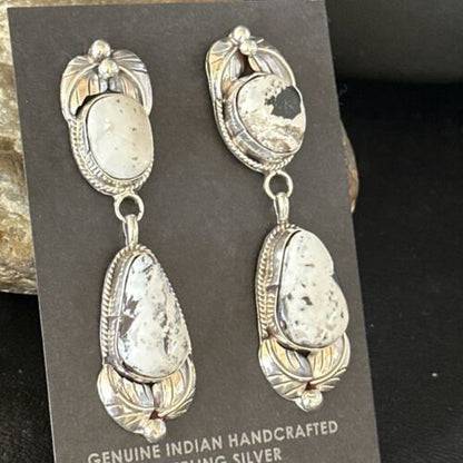 Navajo White Buffalo Turquoise Dangle Earrings | Sterling Silver | 2.5" | Authentic Native American Handmade | 14742