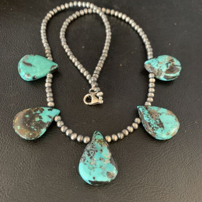 Navajo Teardrop Blue Turquoise Necklace | Sterling Silver Pearls | 20" | Authentic Native American Handmade | 13961