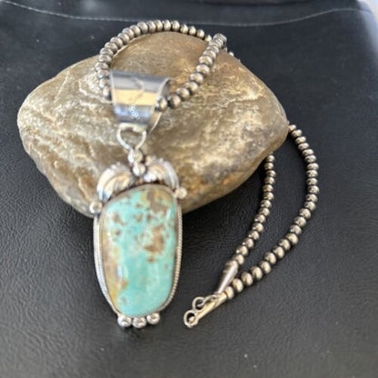 Navajo Pearls Sterling Silver Necklace with Blue Turquoise #8 Pendant | Authentic Native American Handmade | 14809