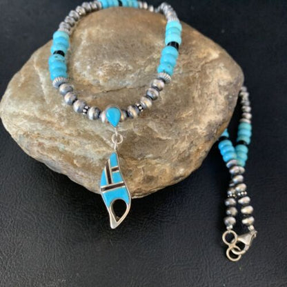Navajo Blue Turquoise Onyx Inlay Pendant Necklace | Sterling Silver | Authentic Native American Handmade | 13846