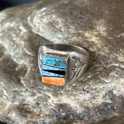 Navajo Sterling Silver Turquoise Spiny Oyster Inlay Ring | Sz 8.5 | Multi-Color | 14747 - Masha USA