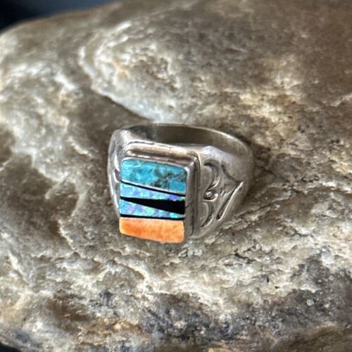 Navajo Sterling Silver Turquoise Spiny Oyster Inlay Ring | Sz 8.5 | Multi-Color | 14747
