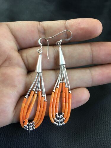 Native American Liquid Silver Heishi Dangle Earrings | Orange Coral | Sterling Silver | 2" | 2033