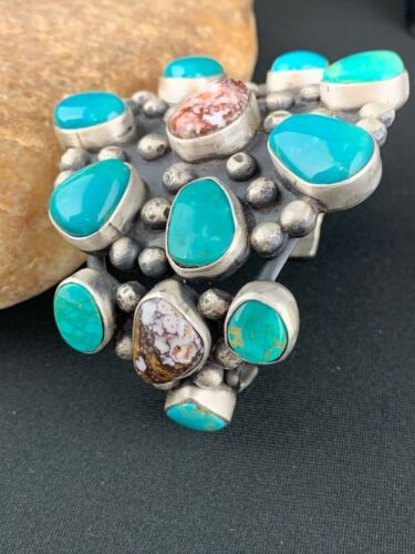 Men's Blue Turquoise Wild Horse Cuff Bracelet | Sterling Silver | Navajo Handmade | 4228 - Masha USA