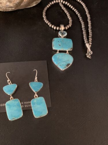 Navajo Blue Topaz Turquoise Necklace Earrings Set | Sterling Silver | 3" Pendant | Authentic Native American Handmade | 14098