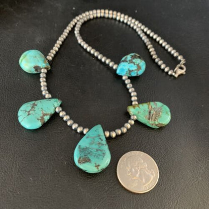 Navajo Teardrop Blue Turquoise Necklace | Sterling Silver Pearls | 20" | Authentic Native American | 13965