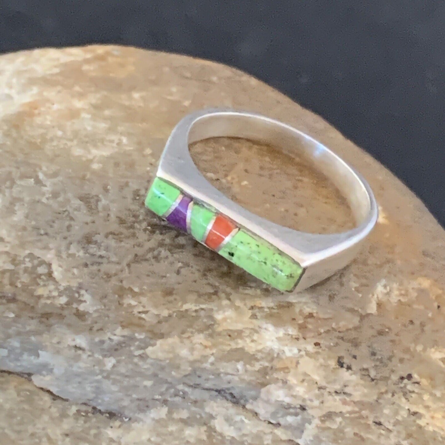 Navajo Green Gaspeite Sugilite Red Coral Inlay Ring | Sz 7 | Authentic Native American Handmade | 02250