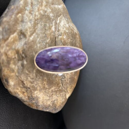 Navajo Purple Charoite Oval Ring | Sterling Silver | Sz 8 Adjustable | Authentic Native American Handmade | 10570