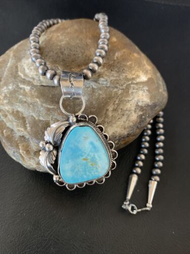 Blue Dry Creek Turquoise Pendant | Navajo Pearl Necklace | Men's Sterling Silver | 12976