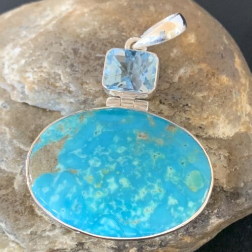 Navajo Blue Topaz Turquoise Multi-Stone Pendant | Authentic Native American Sterling Silver | 2.25" | 10713