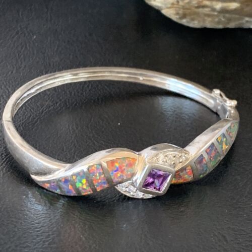 Southwestern Navajo Orange Opal Amethyst Bracelet | Sterling Silver | 7" | Authentic Native American Handmade | 13125