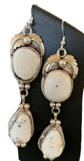 Navajo White Buffalo Turquoise Dangle Earrings | Sterling Silver | 2.50" | Authentic Native American Handmade | 1665