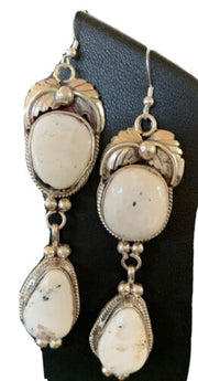 Navajo White Buffalo Turquoise Dangle Earrings | Sterling Silver | 2.50" | Authentic Native American Handmade | 1665