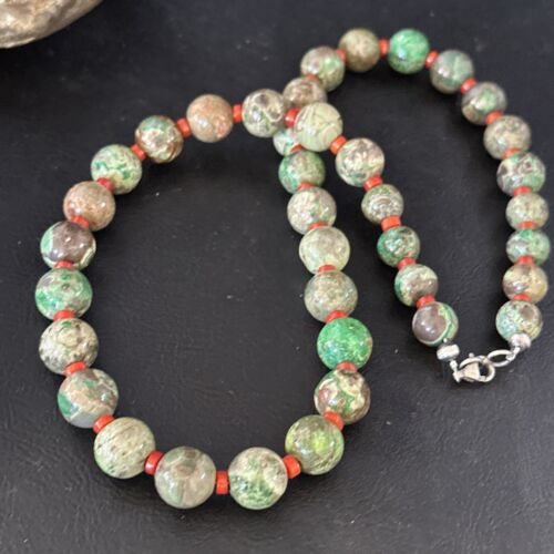 Navajo Green Turquoise Red Coral Necklace | Sterling Silver | 20" | Authentic Native American Handmade | 14736