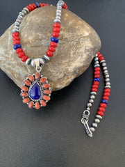 Navajo Red Stabilized Coral Lapis Necklace Cluster Pendant | Sterling Silver | Multi-Stone | 10633