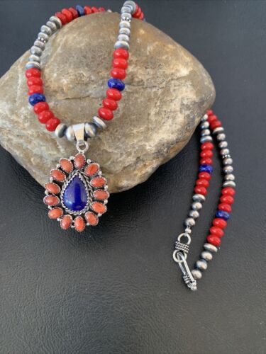 Navajo Red Stabilized Coral Lapis Necklace Cluster Pendant | Sterling Silver | Multi-Stone | 10633