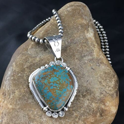 Navajo Blue #8 Turquoise Pendant | Sterling Silver | 3" | Authentic Native American Handmade | 10157