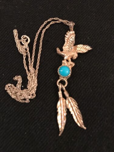 Sterling Silver Navajo Eagle Turquoise Feather Necklace Pendant 2.5" | Southwestern 17.5" | 3257