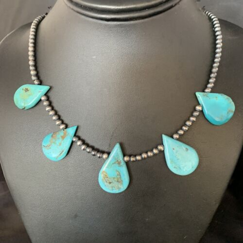 Navajo Teardrop Blue Turquoise Necklace | Sterling Silver Pearls | 20" | Authentic Native American Handmade | 13967