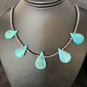 Navajo Teardrop Blue Turquoise Necklace | Sterling Silver Pearls | 20" | Authentic Native American Handmade | 13967