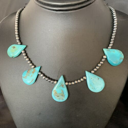 Navajo Teardrop Blue Turquoise Necklace | Sterling Silver Pearls | 20" | Authentic Native American Handmade | 13967
