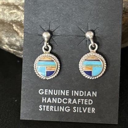 Navajo Multi-Color Turquoise Spiny Lapis Inlay Earrings | Sterling Silver | Authentic Native American Handmade | 14653