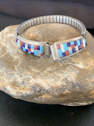 Navajo Sterling Silver Watch Tips | Turquoise Coral Mother of Pearl Inlay Band | Authentic Native American Jewelry | 12137