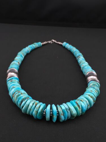 Navajo Blue Graduated Turquoise Necklace | Sterling Silver | 20" | Authentic Native American Handmade | 4809 - Masha USA