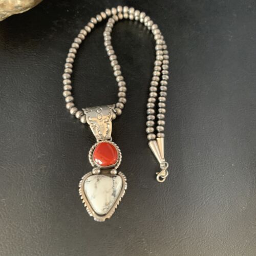 Navajo White Buffalo Turquoise Coral Pendant | Sterling Silver | Multi-Stone Necklace | 13578