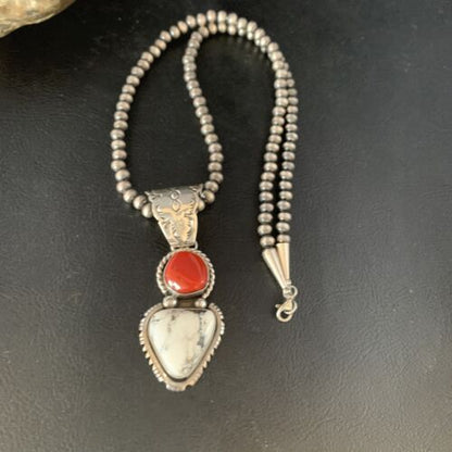 Navajo White Buffalo Turquoise Coral Pendant | Sterling Silver | Multi-Stone Necklace | 13578