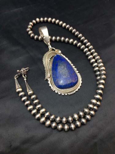 Navajo Lapis Pendant Necklace | Sterling Silver Pearls | Authentic Native American Handmade | 1005 - Masha USA