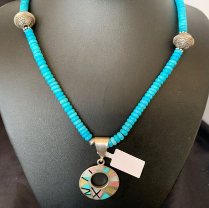 Blue Turquoise & Mother of Pearl Inlay Pendant | Sterling Silver Necklace | Navajo | 8904 - Masha USA