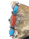 Navajo Kingman Turquoise & Coral Ring | Authentic Native American Sterling Silver | Multi-Stone | Sz 9 | 1294