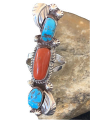 Navajo Kingman Turquoise & Coral Ring | Authentic Native American Sterling Silver | Multi-Stone | Sz 9 | 1294