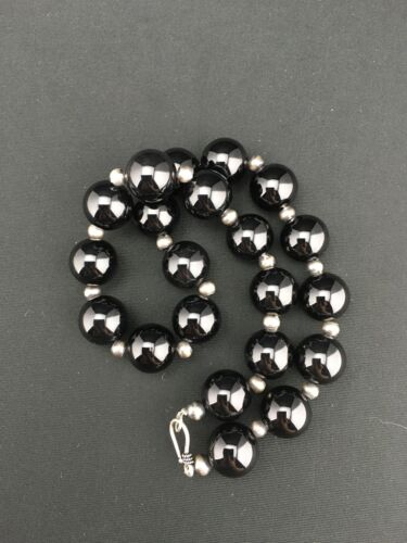 Navajo Sterling Silver Black Onyx Bead Necklace | 18" | Authentic Native American Handmade | 1104