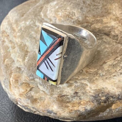 Navajo Men's Spiny Blue Turquoise Inlay Ring | Sterling Silver | Sz 15 | Authentic Native American Handmade | 12423