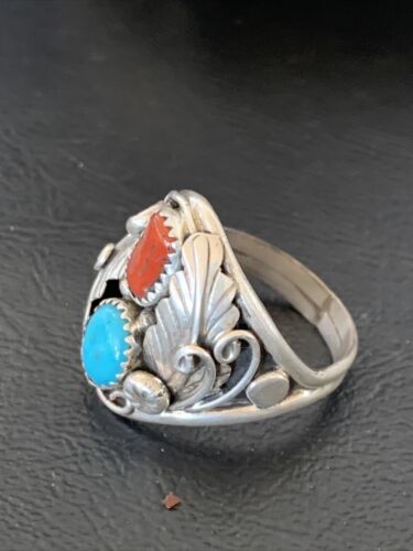 Navajo Blue Kingman Turquoise & Coral Feather Ring | Authentic Native American Sterling Silver | Multi-Stone | Sz 12 | 12217 - Masha USA