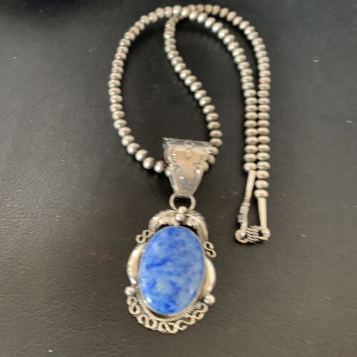 Navajo Denim Lapis Necklace Pendant | Sterling Silver Pearls | Authentic Native American Handmade | 12436
