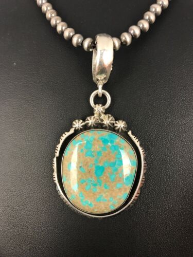 Navajo Pearls Sterling Silver Turquoise #8 Necklace Pendant | 2.5" | Signed | Authentic Native American Handmade | 3954