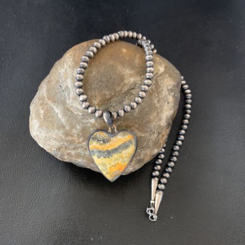 Navajo Heart Yellow Bumblebee Jasper Pendant | Sterling Silver Necklace | Authentic Native American Handmade | 12813