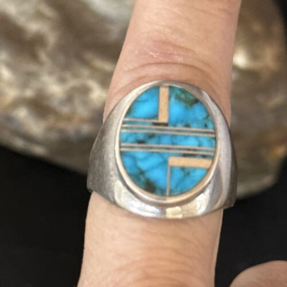 Navajo Blue Turquoise Inlay Ring | Sterling Silver | Sz 9.5 | Authentic Native American Handmade | 14749