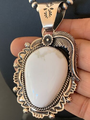 White Buffalo Turquoise Pendant Necklace | Navajo Sterling Silver | Authentic Native American Handmade | 4240